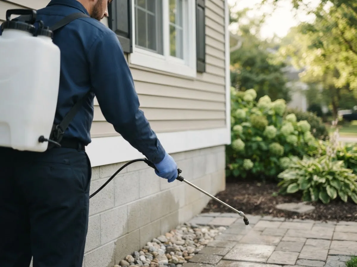 Pest control technician inspecting a home in Texola, OK